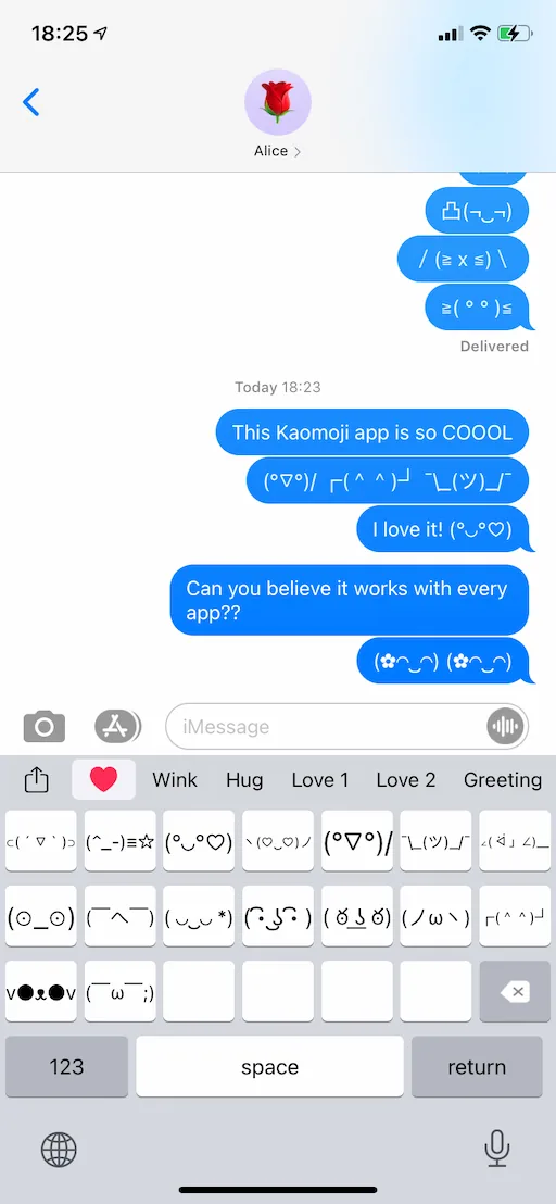 Kaomoji keyboard in iMessage on iPhone